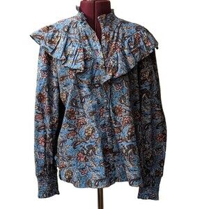 Loft blue ruffle paisley print ruffled yoke button front size Medium